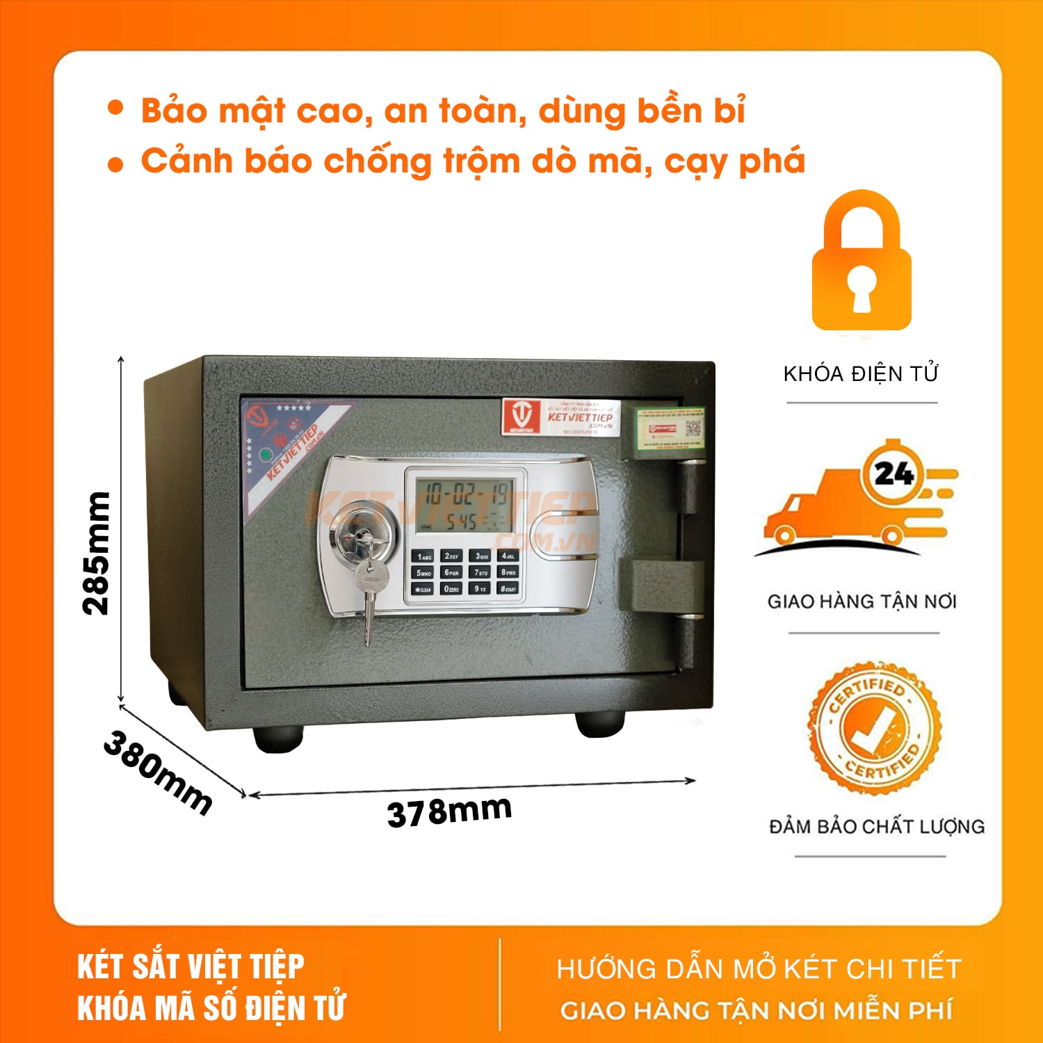 Két Sắt Mini Việt Tiệp chống cháy KVT28 Khóa Điện Tử có chuông báo động