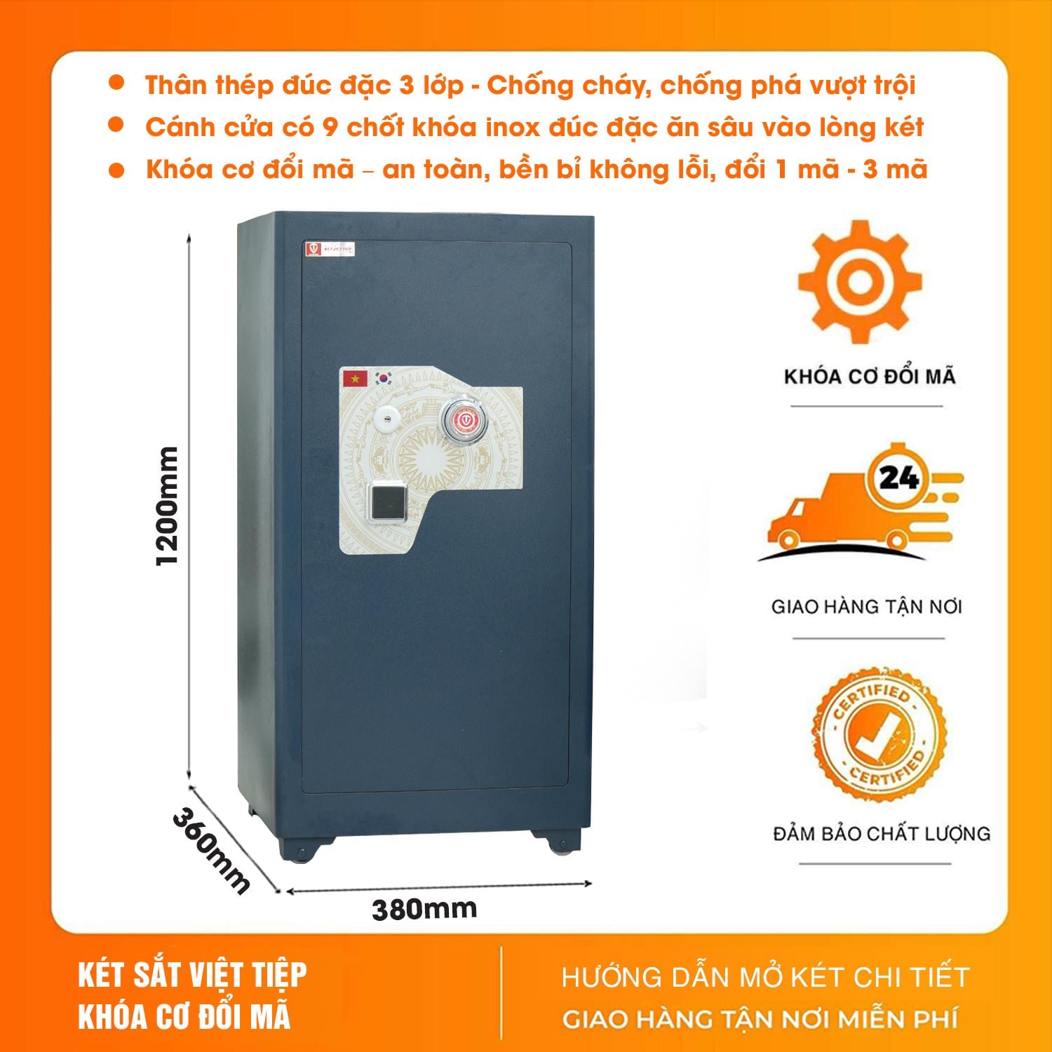 Két Sắt Siêu Cường Việt Tiệp Cỡ Lớn KSC120DM Khóa Cơ Đổi Mã